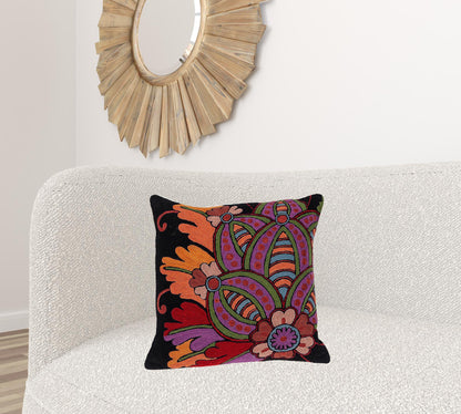 20" X 20" Black And Orange Zippered 100% Cotton Throw Pillow With Embroidery