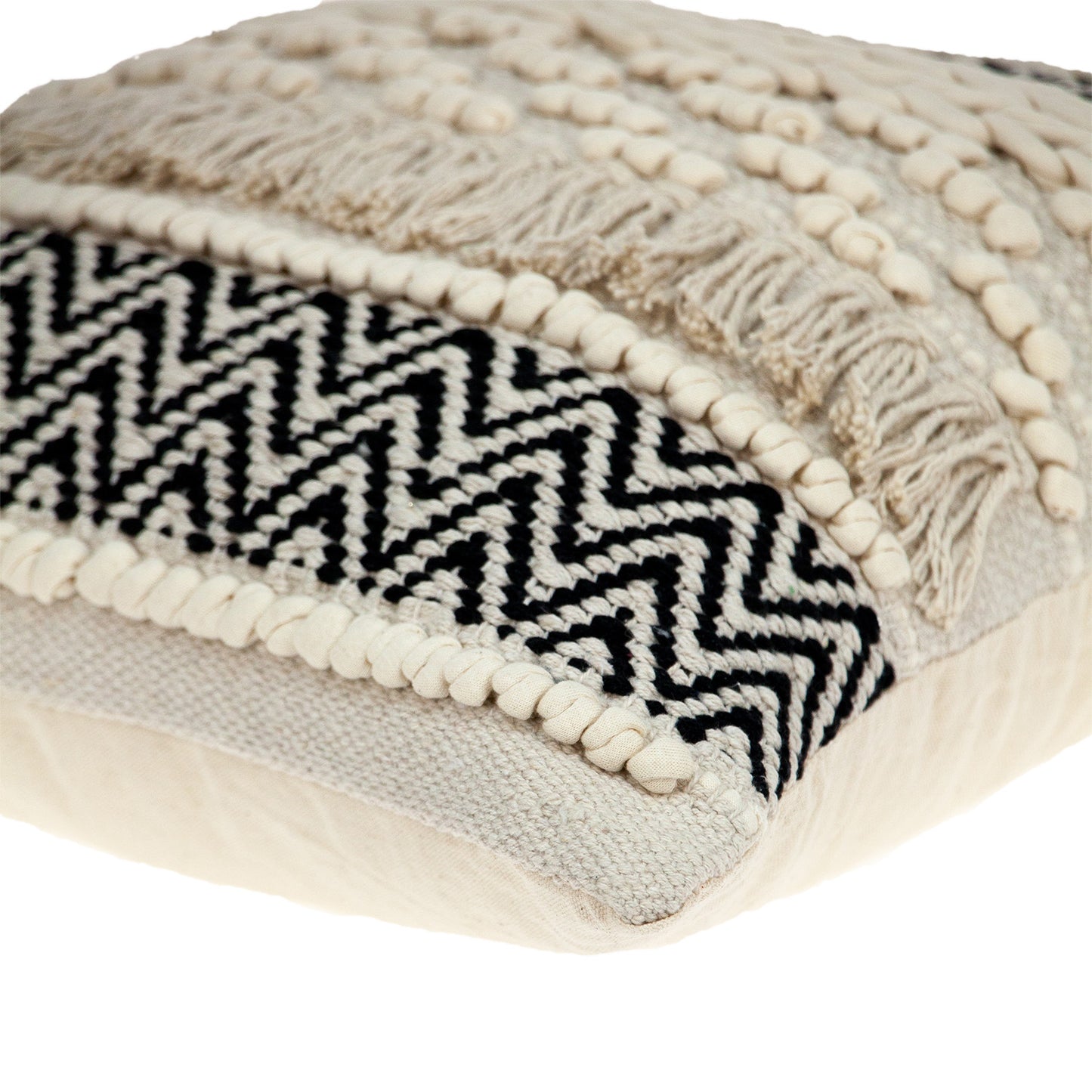 18" X 18" Beige And Black Zippered 100% Cotton Throw Pillow With Fringe