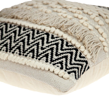 18" X 18" Beige And Black Zippered 100% Cotton Throw Pillow With Fringe