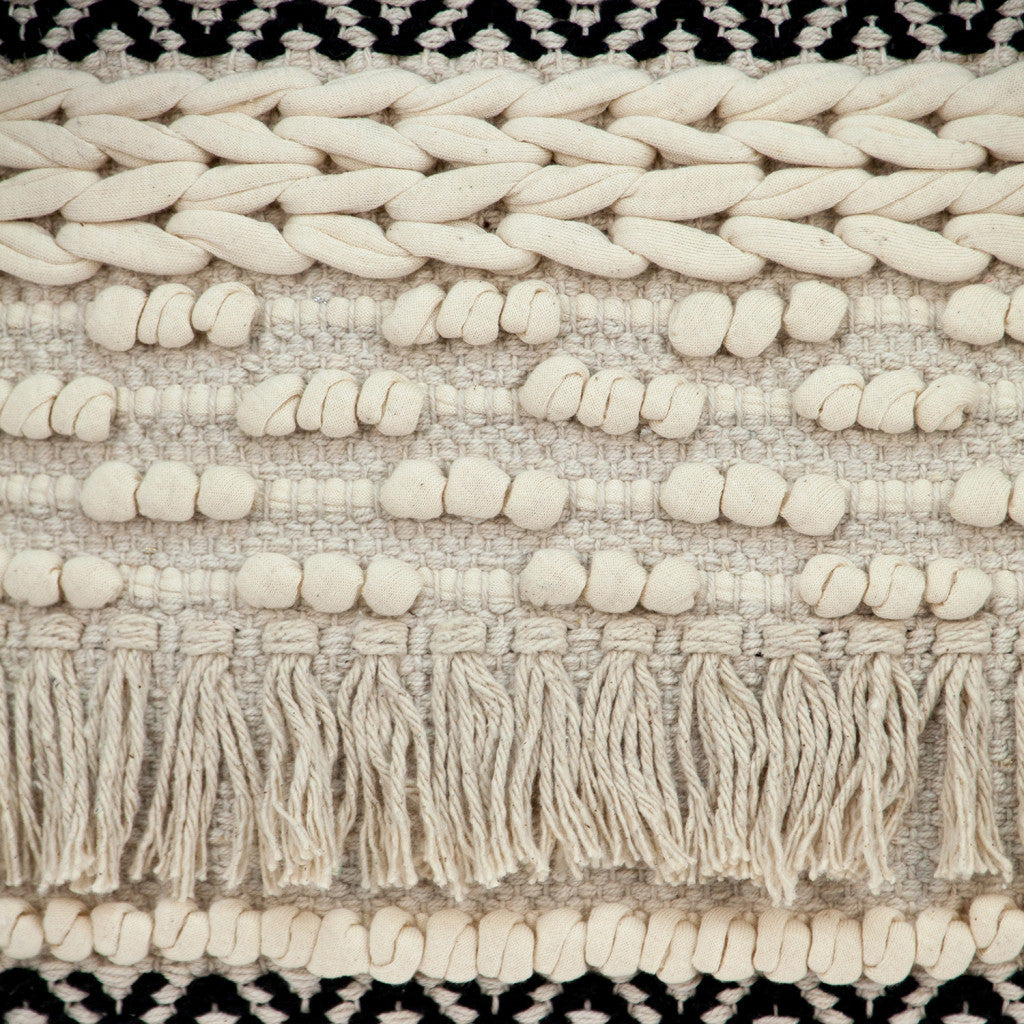18" X 18" Beige And Black Zippered 100% Cotton Throw Pillow With Fringe
