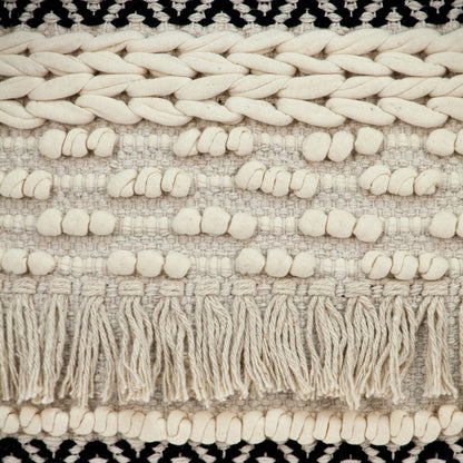 18" X 18" Beige And Black Zippered 100% Cotton Throw Pillow With Fringe