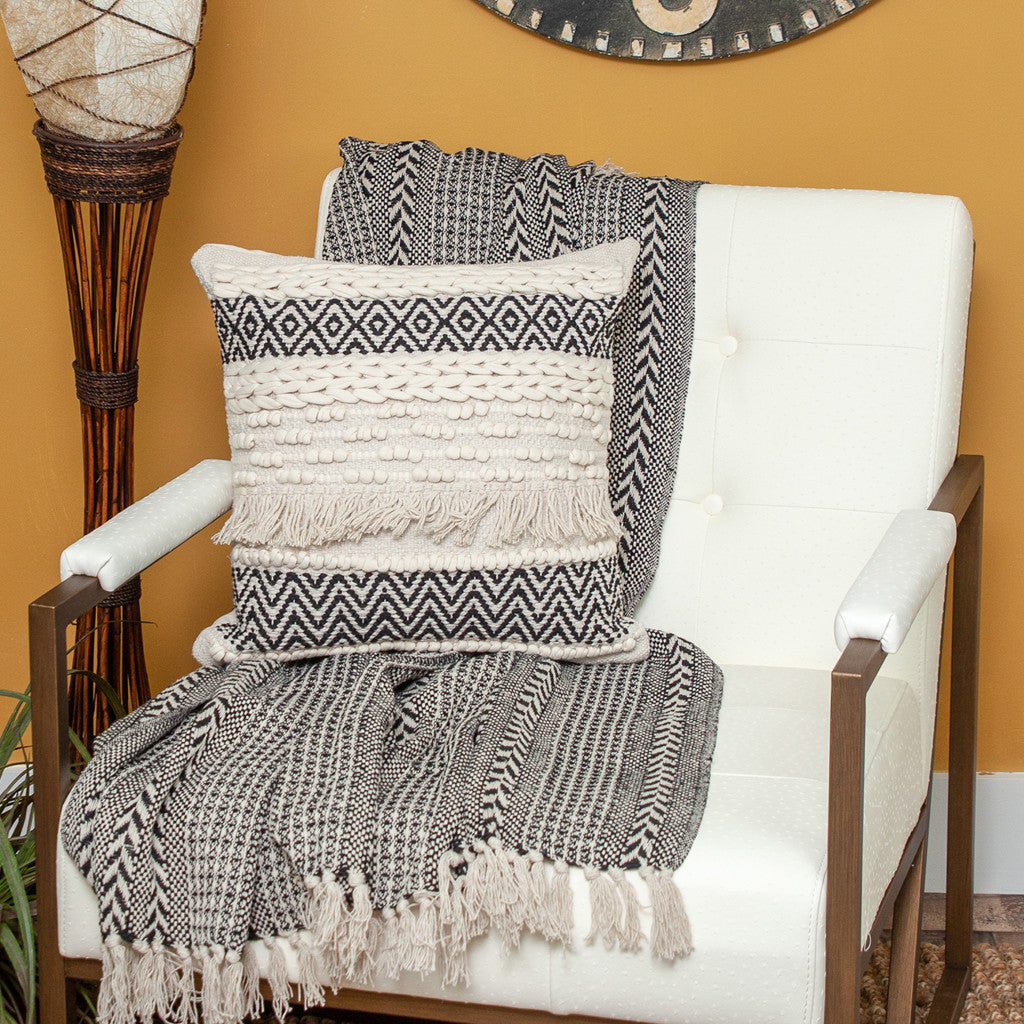 18" X 18" Beige And Black Zippered 100% Cotton Throw Pillow With Fringe