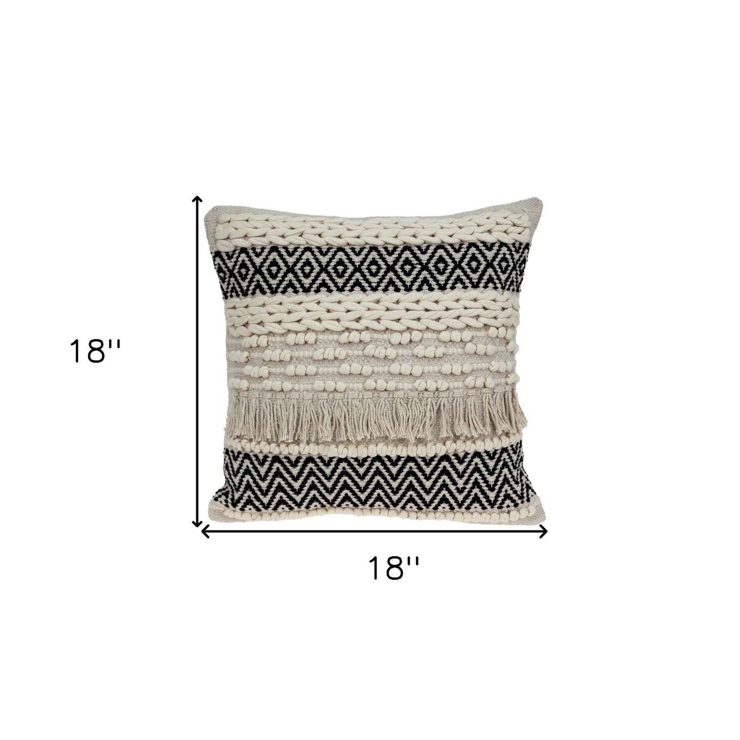 18" X 18" Beige And Black Zippered 100% Cotton Throw Pillow With Fringe