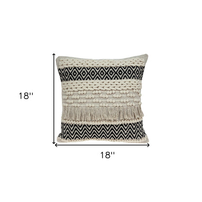 18" X 18" Beige And Black Zippered 100% Cotton Throw Pillow With Fringe
