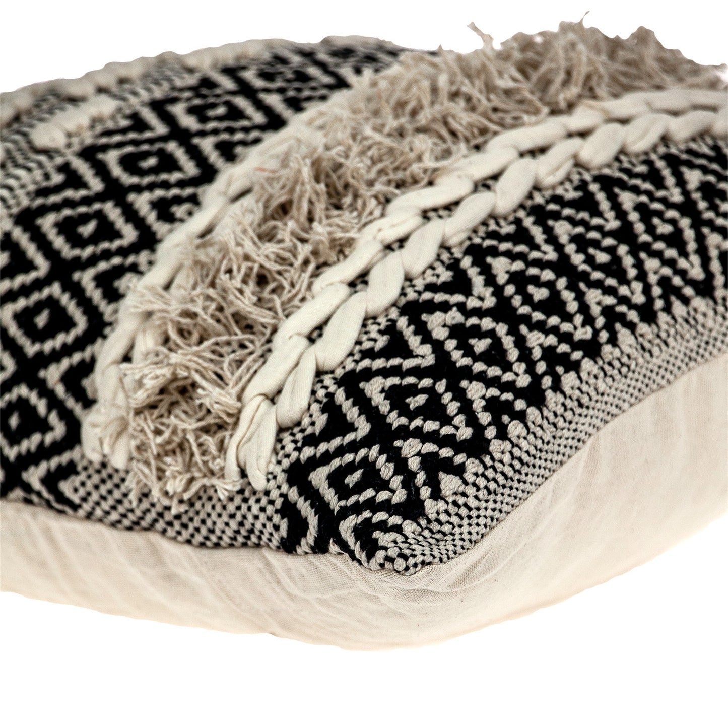 18" X 18" Beige And Black Zippered 100% Cotton Throw Pillow With Fringe