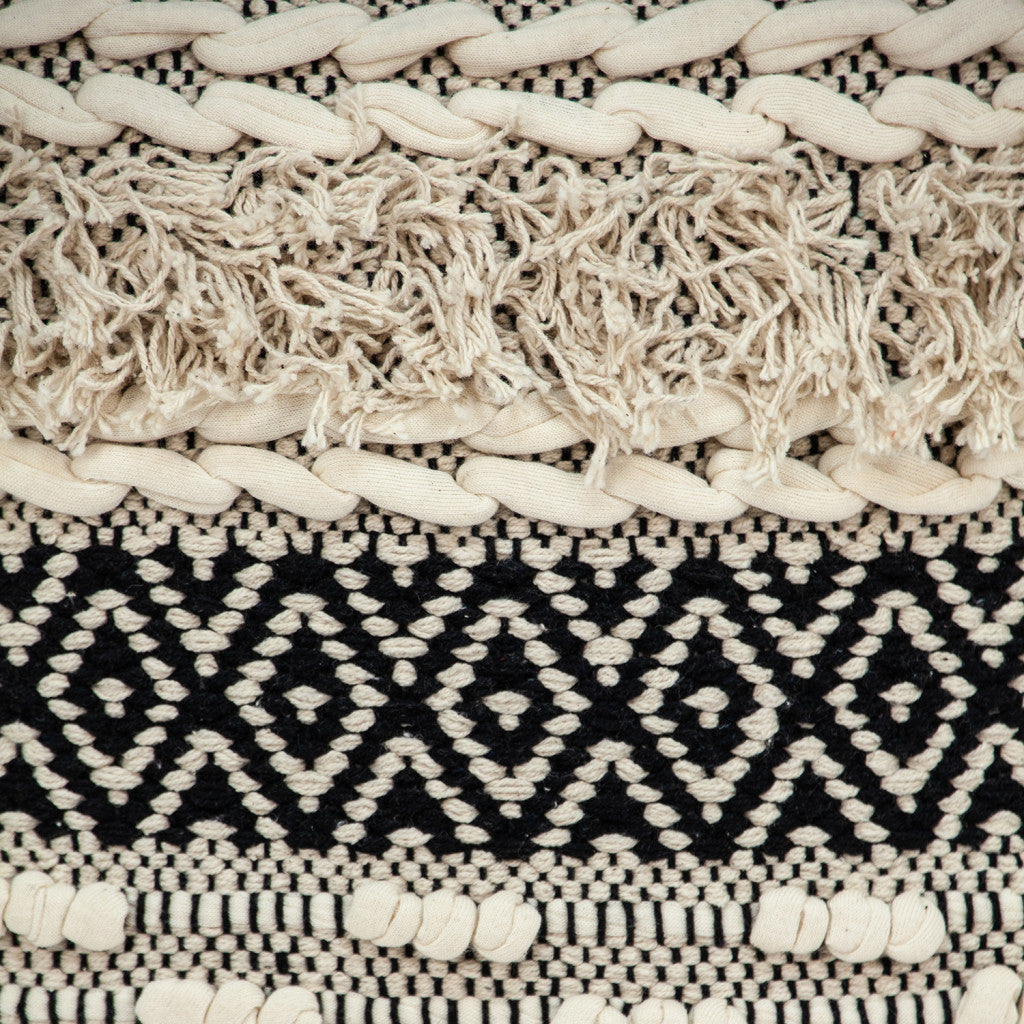 18" X 18" Beige And Black Zippered 100% Cotton Throw Pillow With Fringe