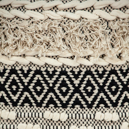 18" X 18" Beige And Black Zippered 100% Cotton Throw Pillow With Fringe