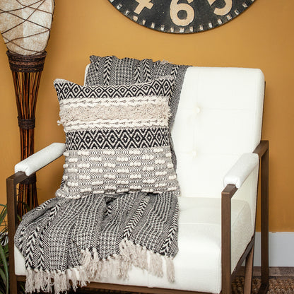 18" X 18" Beige And Black Zippered 100% Cotton Throw Pillow With Fringe