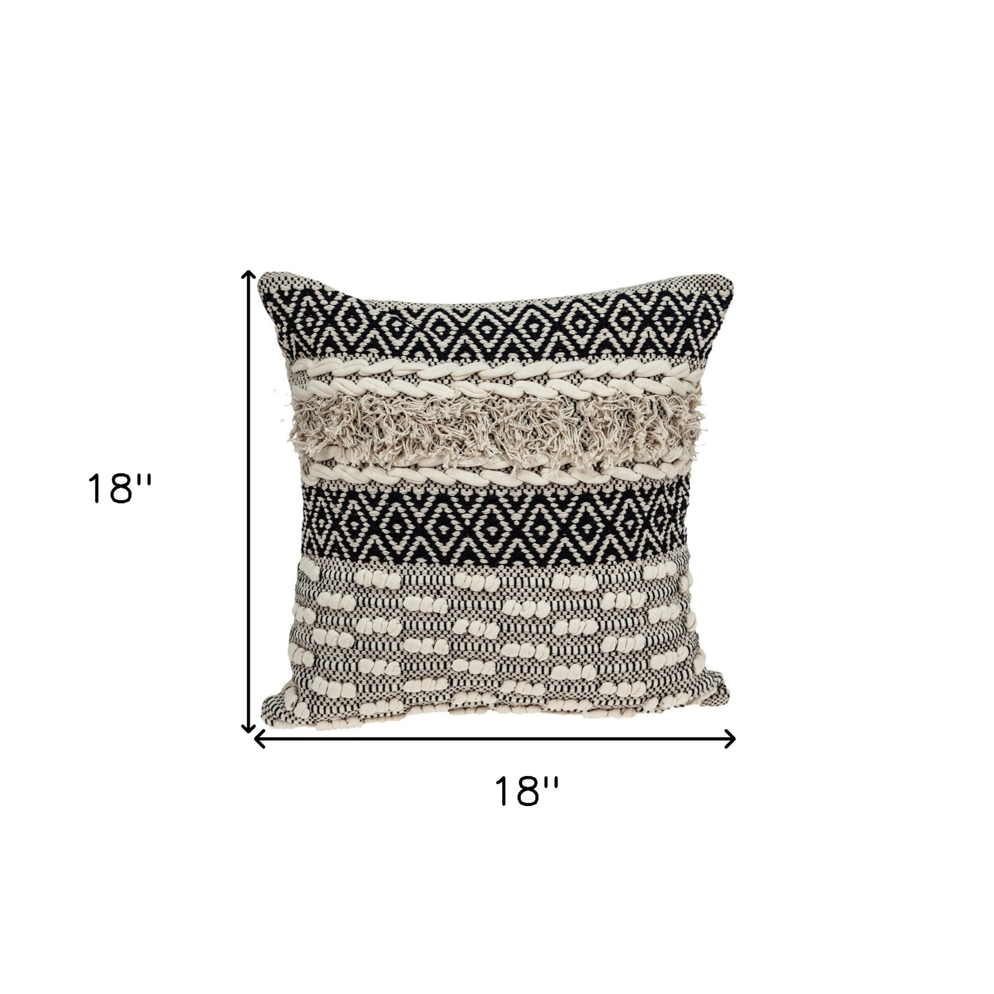 18" X 18" Beige And Black Zippered 100% Cotton Throw Pillow With Fringe