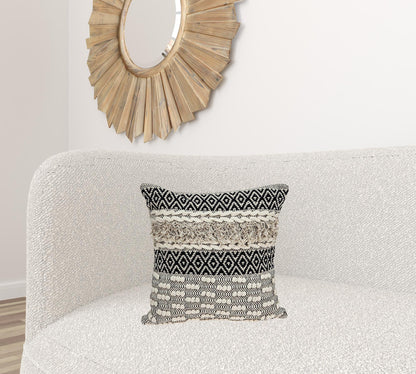 18" X 18" Beige And Black Zippered 100% Cotton Throw Pillow With Fringe