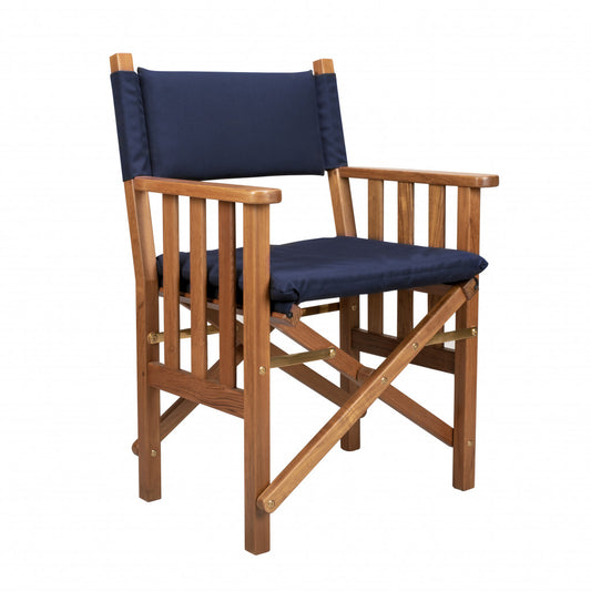 Navy Blue And Brown Solid Wood Director Chair With Cushion