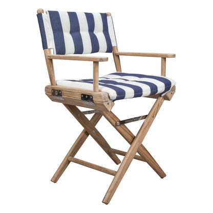 Blue and White And Brown Solid Wood Director Chair With Blue and White Cushion