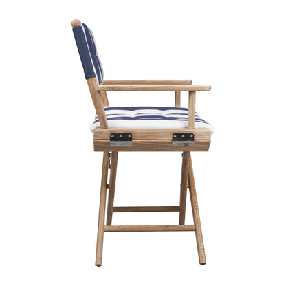 Blue and White And Brown Solid Wood Director Chair With Blue and White Cushion