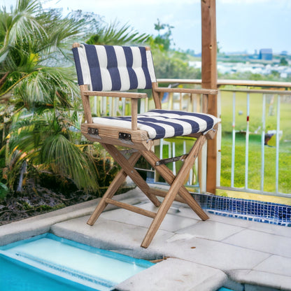 Blue and White And Brown Solid Wood Director Chair With Blue and White Cushion