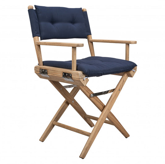 Navy Blue And Brown Solid Wood Director Chair With Navy Blue Cushion