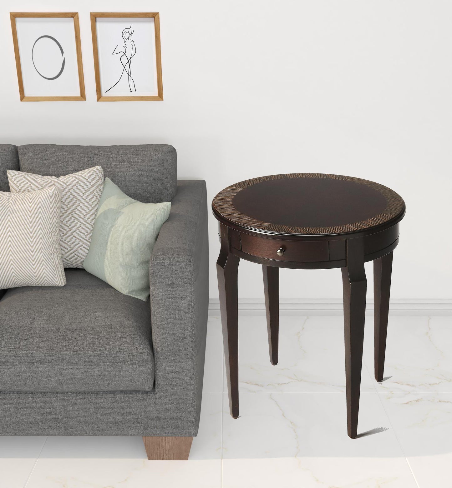 24" Dark Brown And Cherry Nouveau Manufactured Wood Round End Table With Drawer