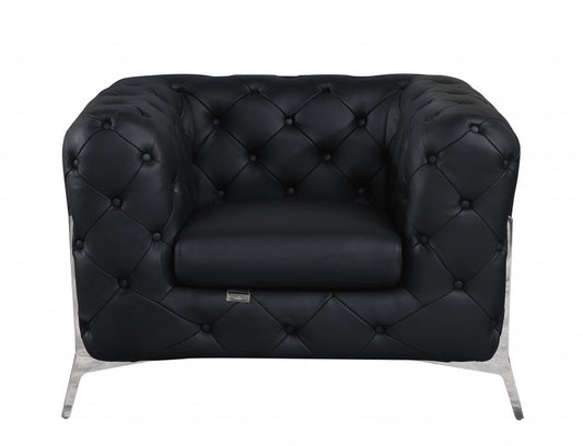 Glam Black and Chrome Tufted Leather Armchair