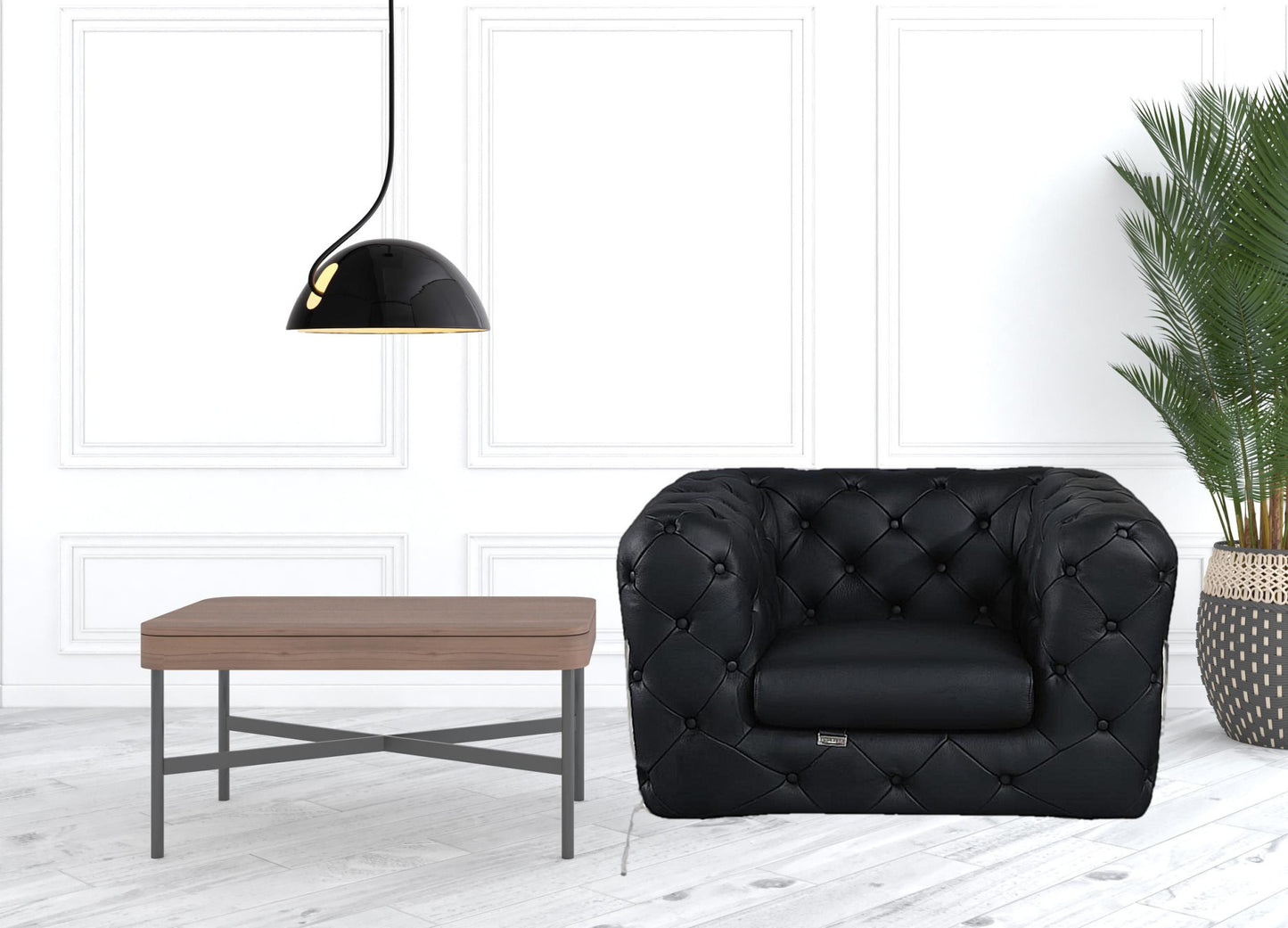 Glam Black and Chrome Tufted Leather Armchair