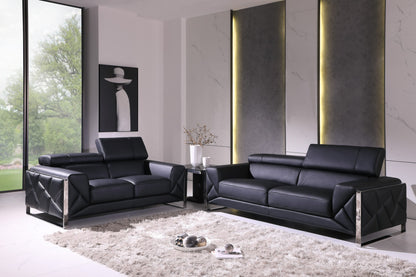 Two Piece Indoor Black Italian Leather Five Person Seating Set