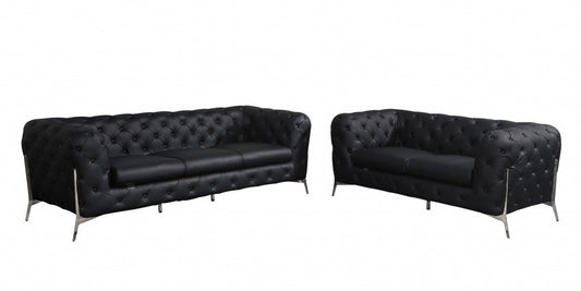 Two Piece Indoor Black Italian Leather Five Person Seating Set