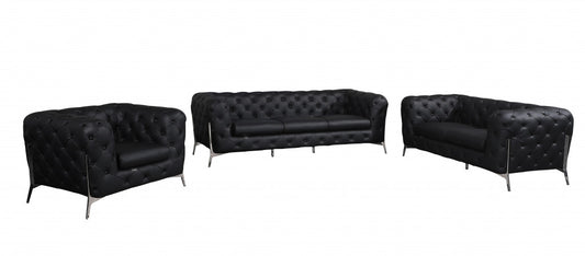Three Piece Indoor Black Italian Leather Six Person Seating Set