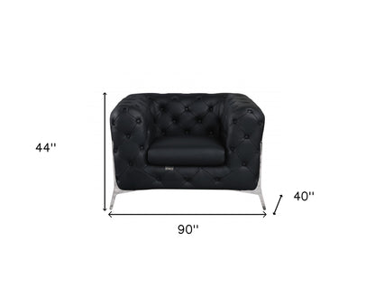 Three Piece Indoor Black Italian Leather Six Person Seating Set