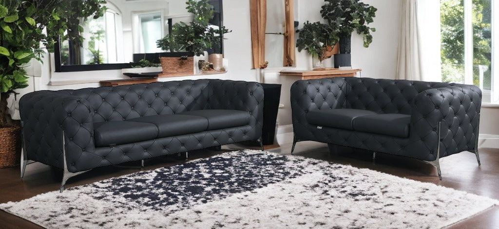 Two Piece Indoor Dark Gray Italian Leather Five Person Seating Set