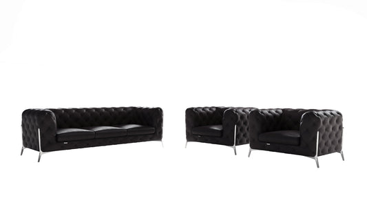 Three Piece Indoor Black Italian Leather Five Person Seating Set