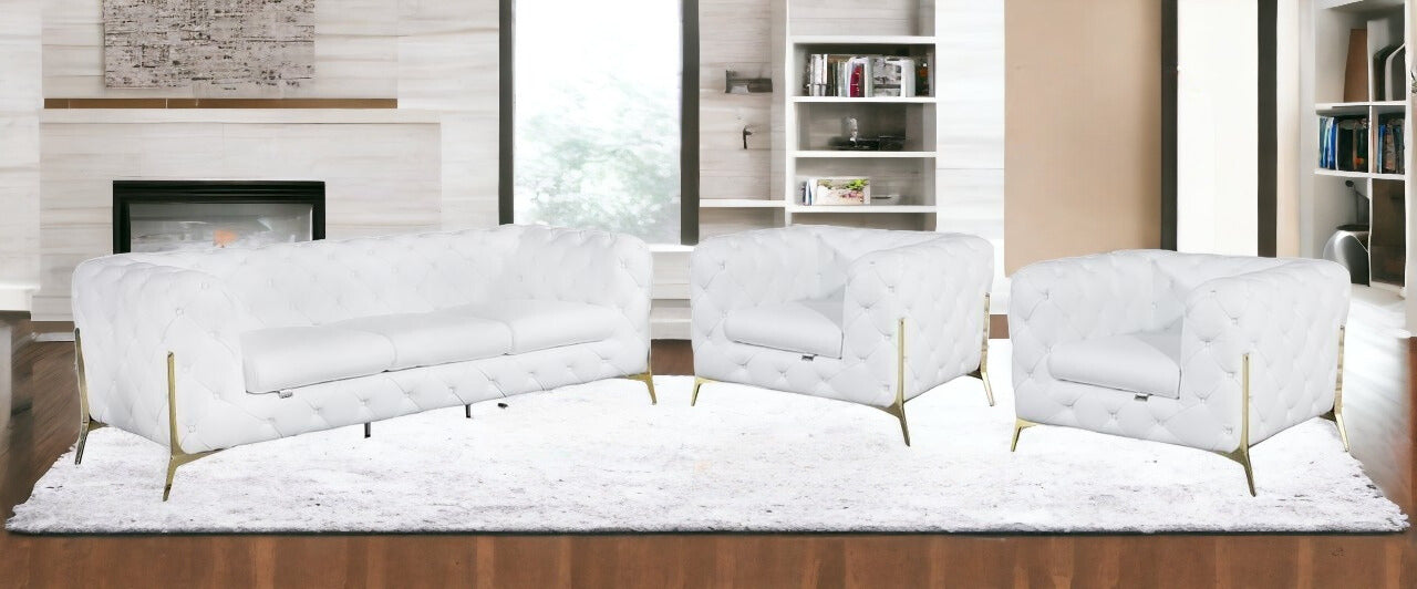Three Piece Indoor White Italian Leather Five Person Seating Set