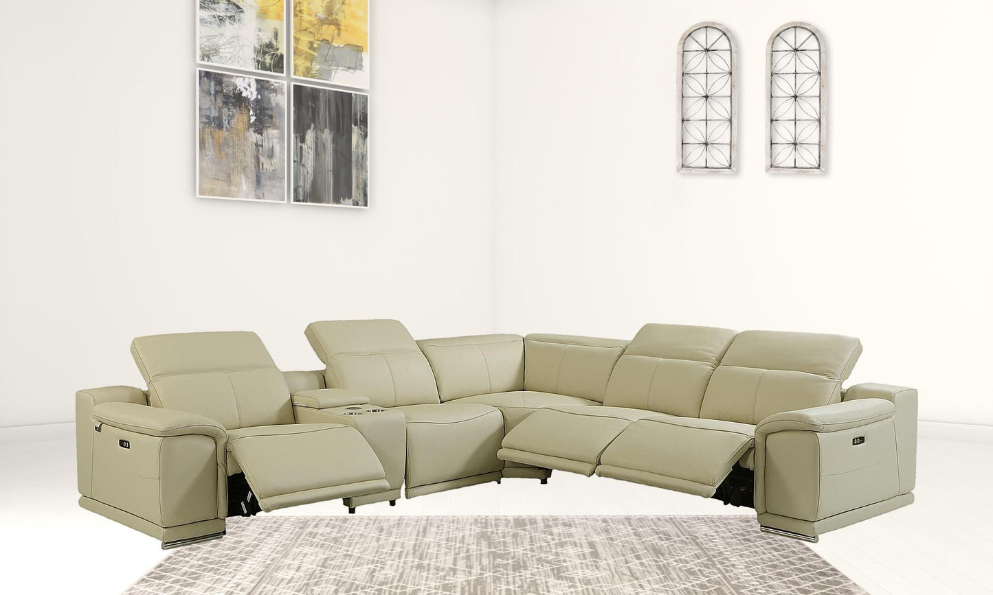 Beige Italian Leather Power Reclining U Shaped Six Piece Corner Sectional With Console