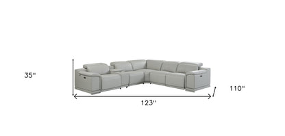 Light Gray Italian Leather Power Reclining U Shaped Six Piece Corner Sectional With Console