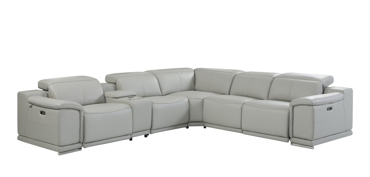 Light Gray Italian Leather Power Reclining U Shaped Six Piece Corner Sectional With Console