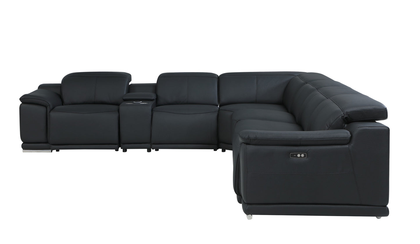 Black Italian Leather Power Reclining U Shaped Seven Piece Corner Sectional With Console