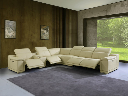 Beige Italian Leather Power Reclining U Shaped Seven Piece Corner Sectional With Console