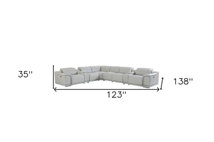 Light Gray Italian Leather Power Reclining U Shaped Eight Piece Corner Sectional With Console