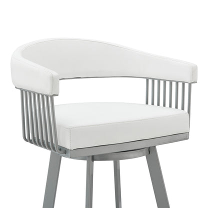 30" Mod White Faux Leather Silver Finish Swivel Bar Stool