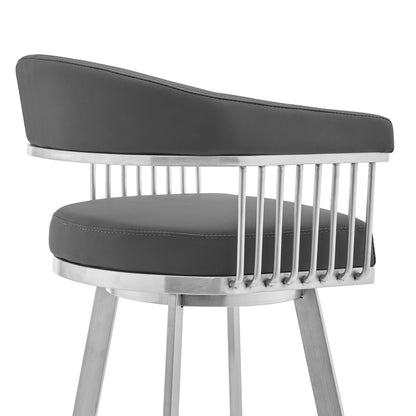 30" Mod Grey Faux Leather Brushed Silver Finish Swivel Bar Stool