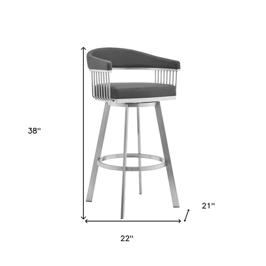 30" Mod Grey Faux Leather Brushed Silver Finish Swivel Bar Stool