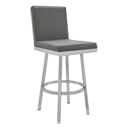 44" Gray Faux Leather And Iron Swivel Bar Height Chair