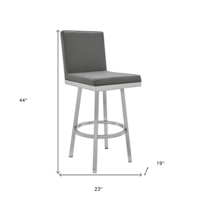 44" Gray Faux Leather And Iron Swivel Bar Height Chair