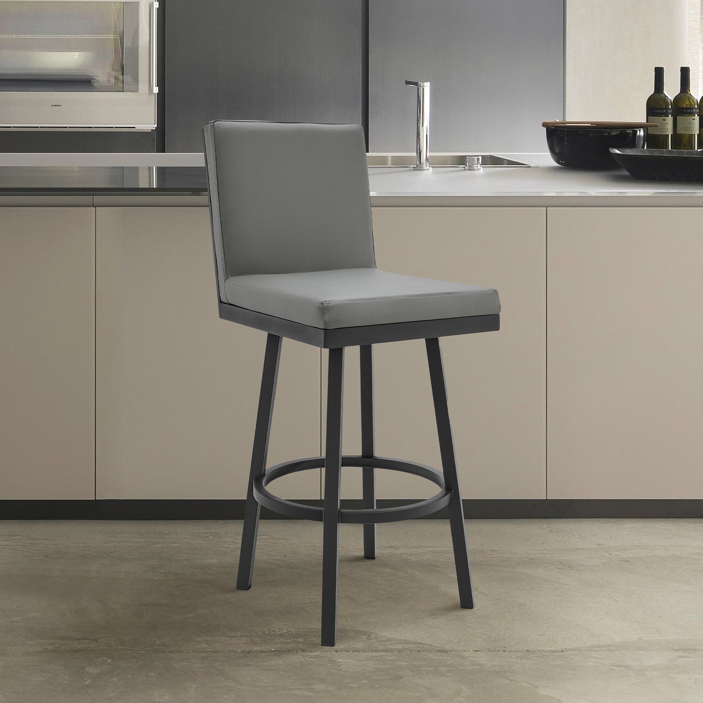 40" Gray Faux Leather And Iron Swivel Counter Height Bar Chair