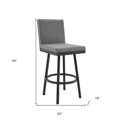 44" Gray Faux Leather And Iron Swivel Bar Height Chair
