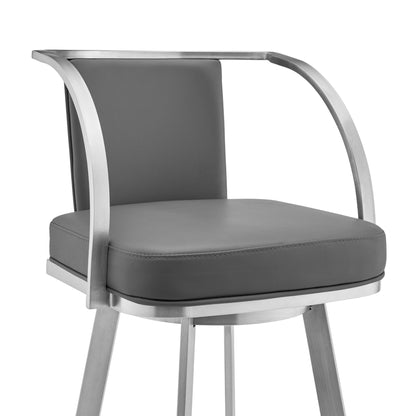 36" Gray Faux Leather And Iron Swivel Counter Height Bar Chair