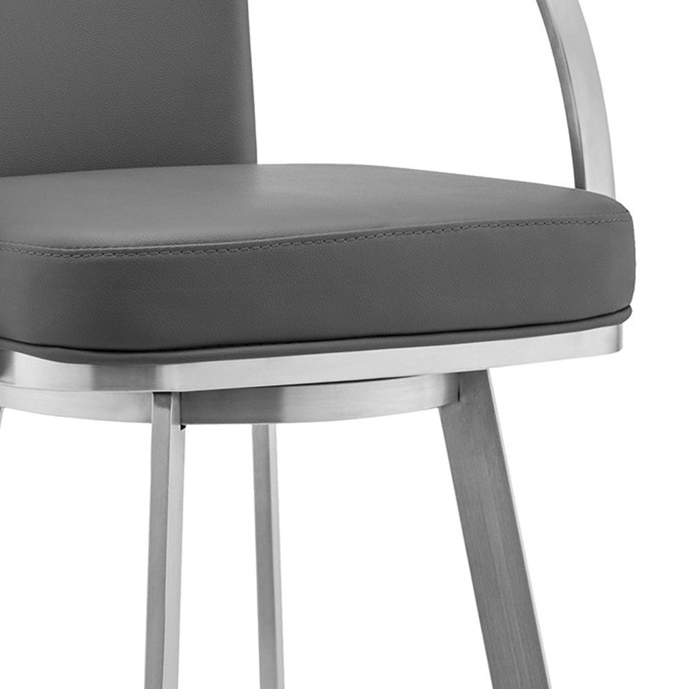 40" Gray Faux Leather And Iron Swivel Bar Height Chair