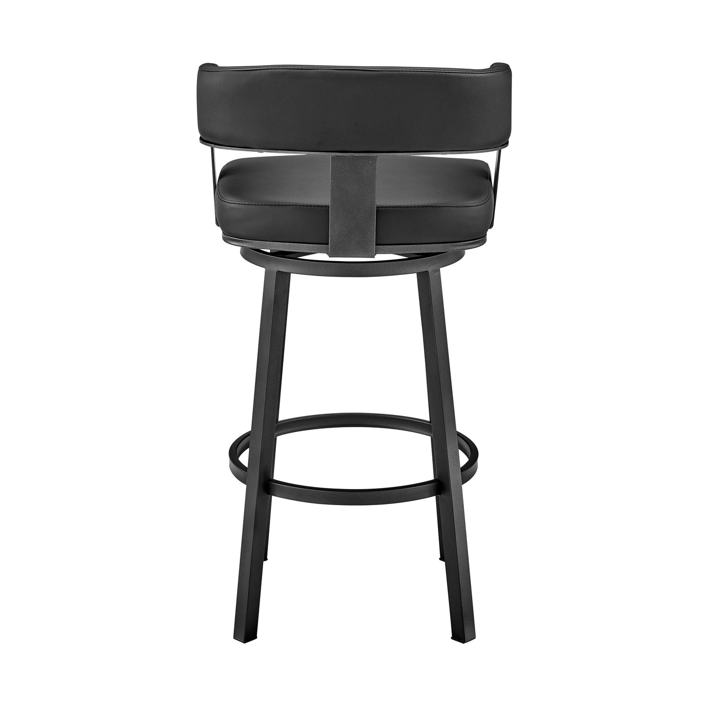 34" Black Faux Leather And Iron Swivel Low Back Counter Height Bar Chair