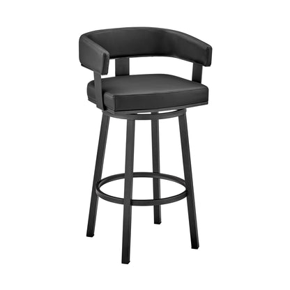 34" Black Faux Leather And Iron Swivel Low Back Counter Height Bar Chair