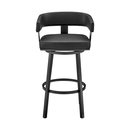34" Black Faux Leather And Iron Swivel Low Back Counter Height Bar Chair