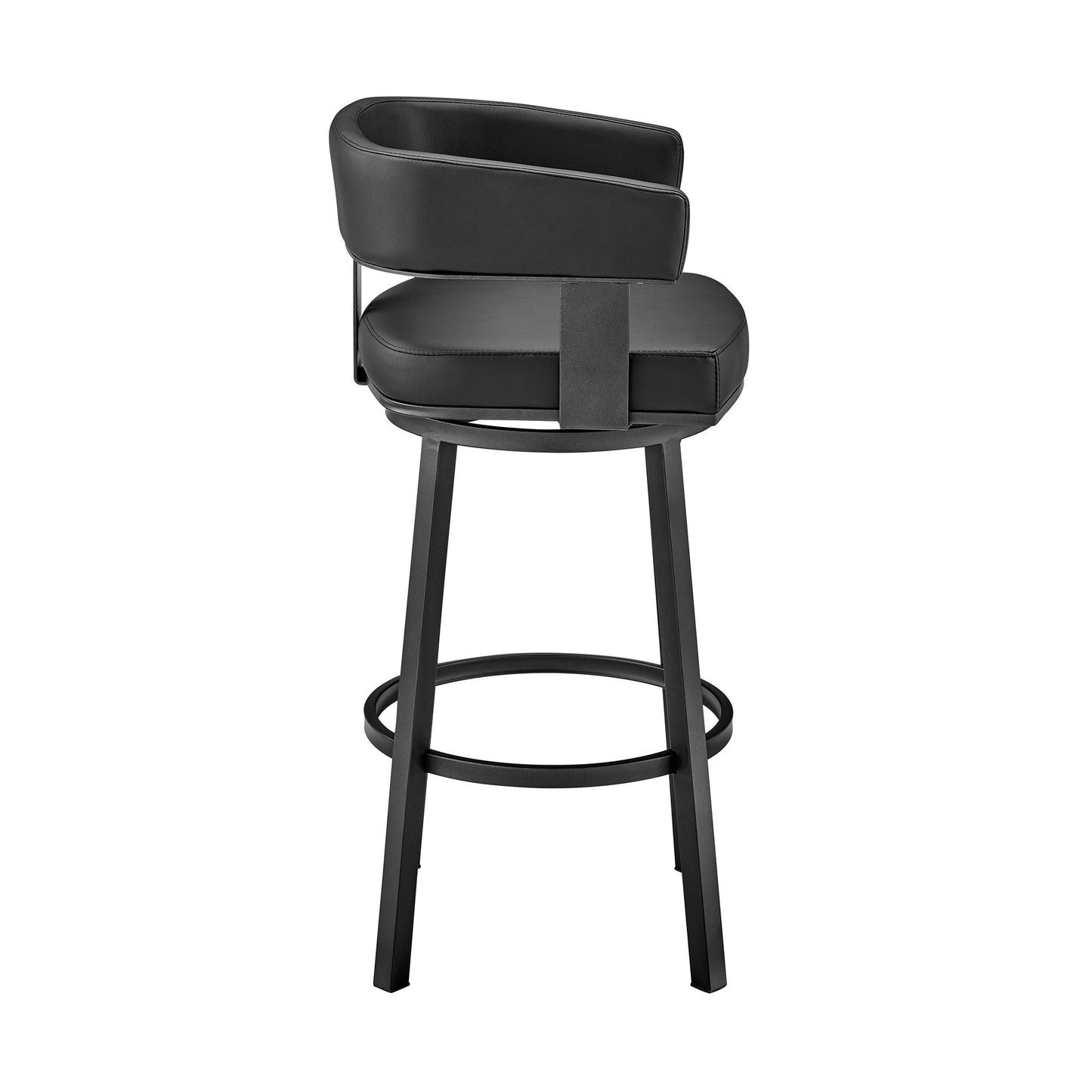 34" Black Faux Leather And Iron Swivel Low Back Counter Height Bar Chair