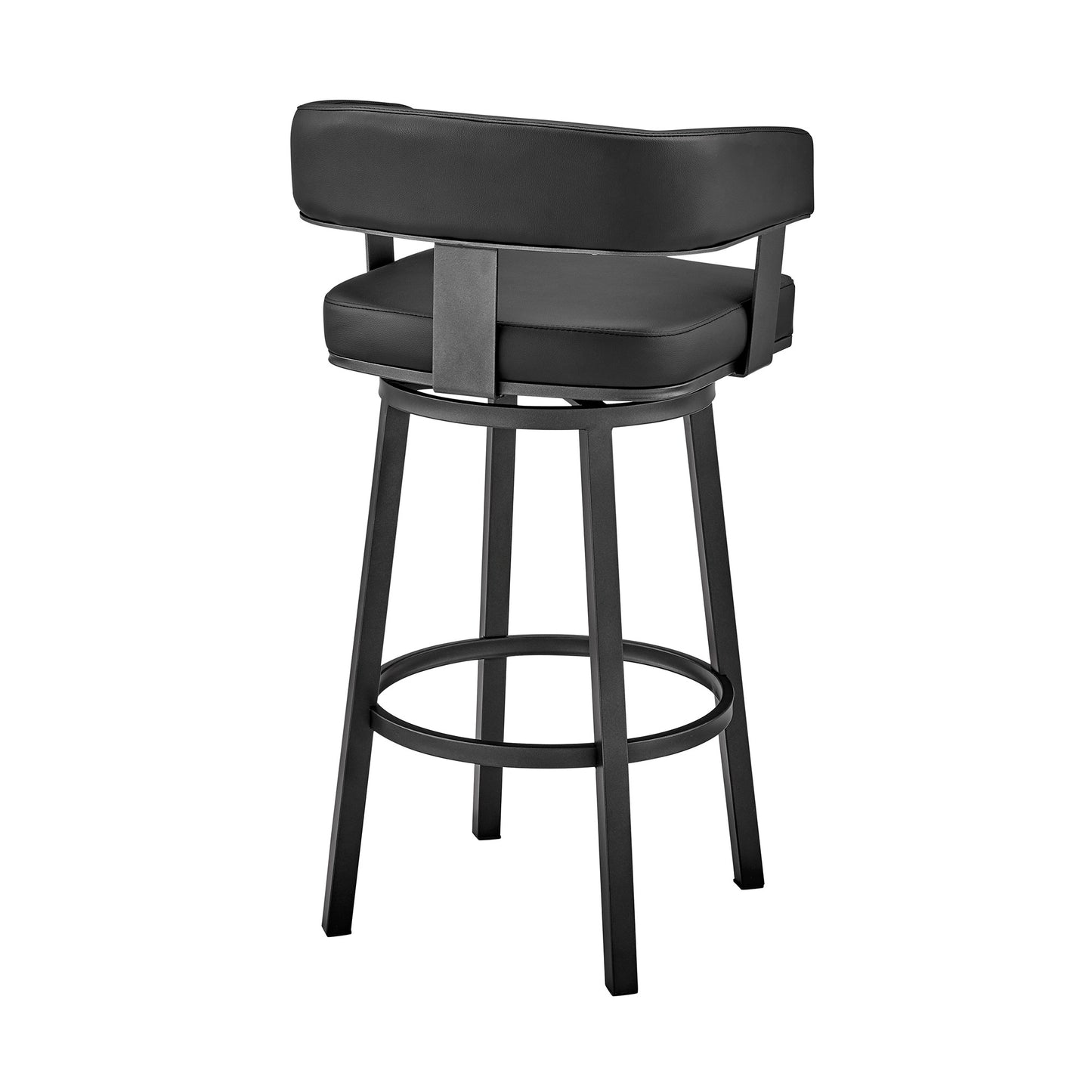 34" Black Faux Leather And Iron Swivel Low Back Counter Height Bar Chair