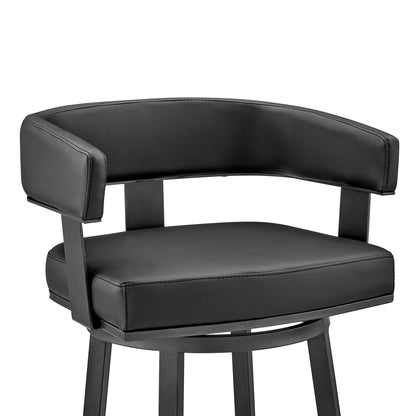 34" Black Faux Leather And Iron Swivel Low Back Counter Height Bar Chair